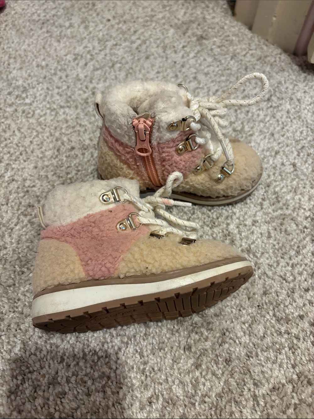 Cat & Jack Pink and Cream Plush Lace-Up Kids Ankle Boots
